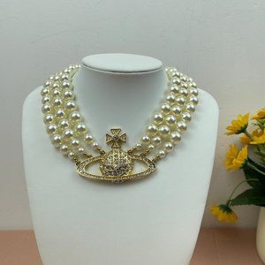 Vivienne Westwood White Pearl Necklace With Gold Pendant